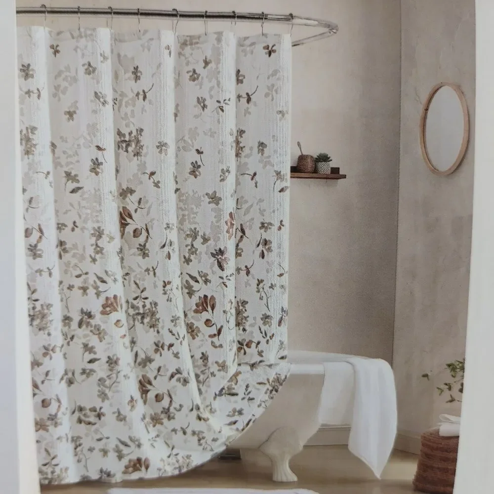 DKNY “Jasper” White Textured Fabric Shower Curtain w/Multicolor Floral Designs